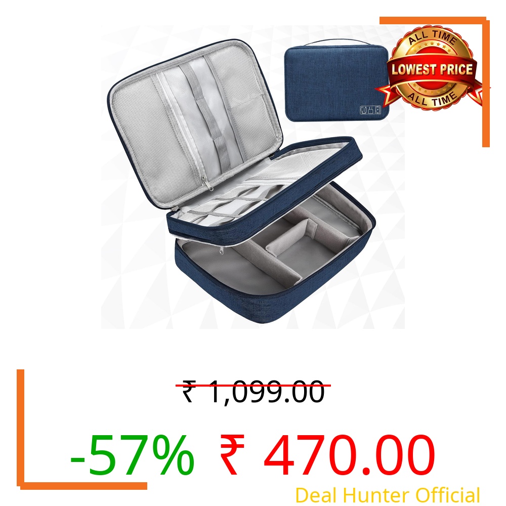 Yellow Weaves 3 Layer Electronics Accessories Organizer Bag, Cable Organizer Bag, Travel Pouch For Charger, Usb Cord, Data Cable, Sd Cards, Earphone, Power Bank, Navy Blue, 25X18X10Cm - Canvas