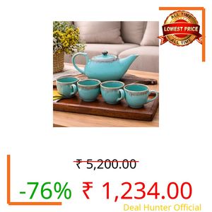 Praahi Lifestyle Tea Cup Set with Kettle |Ceramic Tea Set Premium Handcrafted | Glazed Turquoise Finish| 4 Cups (150ml), 1 Kettle (1000ml) Microwave Safe| Best Gift