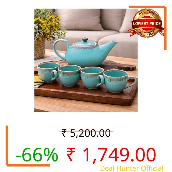 Praahi Lifestyle Tea Cup Set with Kettle |Ceramic Tea Set Premium Handcrafted | Glazed Turquoise Finish| 4 Cups (150ml), 1 Kettle (1000ml) Microwave Safe| Best for Gifting | Ramadan Gift