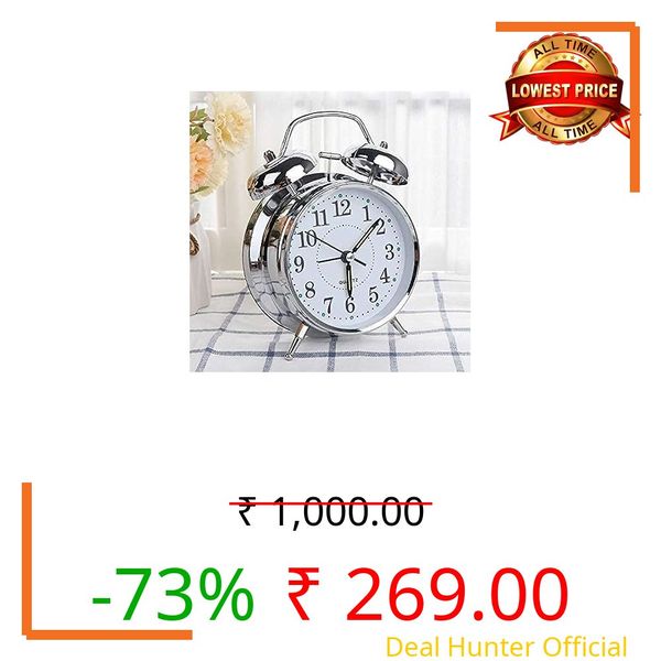 Buqaro Alloy Steel, Glass Twin Bell Edition Vintage Look With Night Led Display Table Alarm Clock ((Silver)) - Digital, 3.15 X 1.5 Inch
