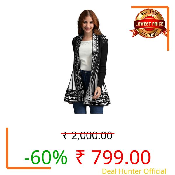 ICW Women's Knitted Stretchable Cardigan Front-Open Full Sleeve Winter Long Shrug Jacket (ONE Size FIT to 32-38 INCH Bust) (Black 1)