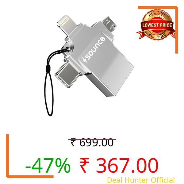 Sounce 4 in 1 OTG Adapter Converter with Lightning, Type C, Micro USB, USB 3.0 Port OTG Connector Compatible with iOS 13 & Above, Android, Tablets and Others - Silver