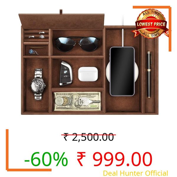 VANQUISH Pocket Empty Table Organiser 8 Compartments Valet Tray Organiser Stationery Storage Box Faux Leather Tray Bedside Coin Box Key Jewellery Organizer, Brown