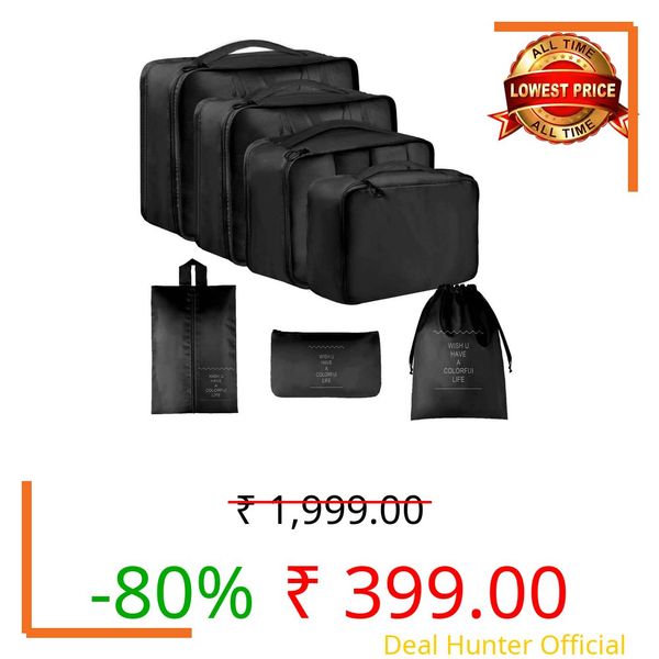 Sprqcart Polyester 7 Set Travel Organizer Bag 3 Packing Cubes + 3 Pouches + 1 Toiletry Organizer Bag (Black, 10 Cm, 11 Cm)