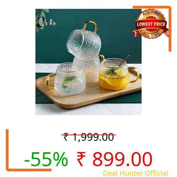 ROY ENTERPRISE Borosilicate Set of 6 Glass Cup Coffee Mug with Golden Handle | Mug for Coffee,Milk,Green, Herbal Tea,Lemon Tea for Home 410 ML (6)