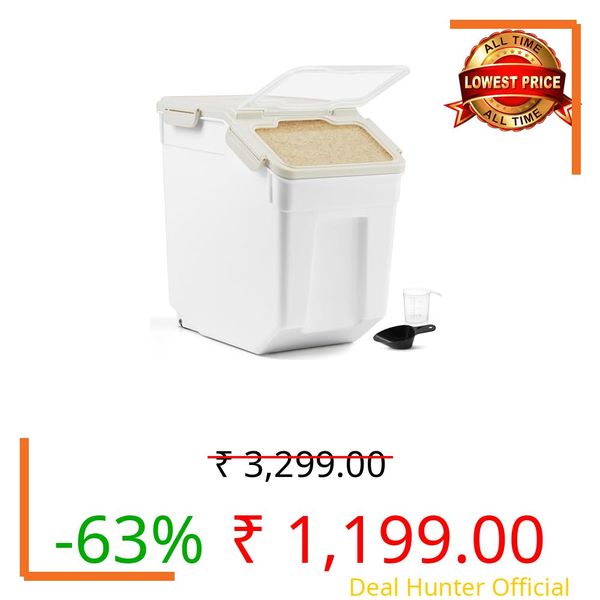 ABOUT SPACE 15-Kg Rice Container- Airtight Rice Storage Container with Measuring Cup & Rice Shovel - Rice Barrel Dispenser-Moisture Proof Kitchen Organiser for Cereals,Pulses&Pet Food- Grey, Plastic
