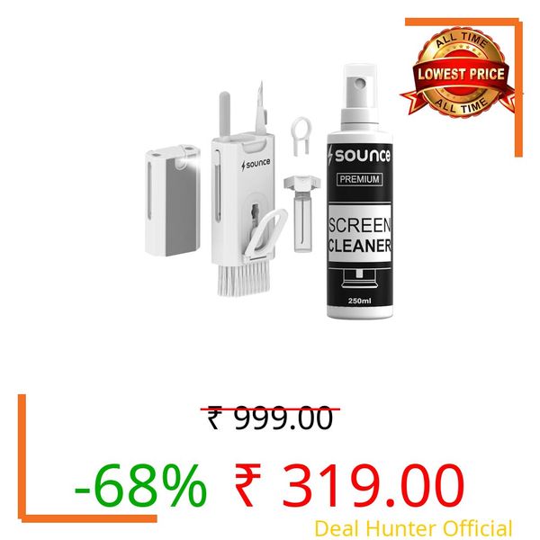 Sounce 8 in 1 Laptop Screen Cleaner, Cleaning kit for Mobile, iPhone, Airpods, Earbuds, Keyboard, Multifunctional Tool Gadget with 250Ml Cleaning Liquid Spray - White