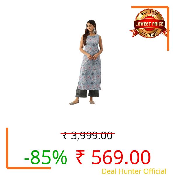 feranoid Unique Printed Round Neck Sleeveless Long Straight Kurti Blue