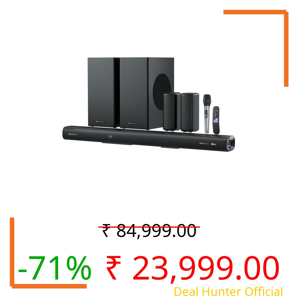 ZEBRONICS Juke BAR 9900 Soundbar, 725 Watts, DTS X, Dolby Atmos, 5.2.4 CH, 2X Wireless (Subwoofer & Satellites), BT v5.3 | HDMI eARC | Optical in | AUX | USB, RGB LED, Wireless UHF Mic, Deep Bass