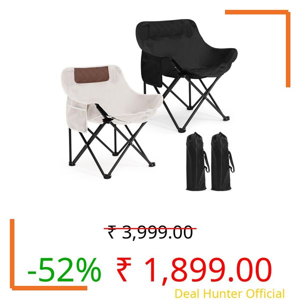 Seeloowy 2 Pack Compact Camping Chair Portable Folding Chairs for Outside with Carry Bag Lightweight Moon Chairs for Travel Picnic Hiking Beach Fishing, 600D Oxford, Supports 330lbs (White, Black)