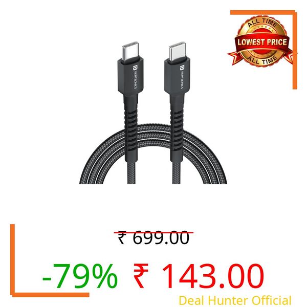 Portronics Konnect X 60W Type C to Type C Unbreakable Nylon Braided Cable, 1M Fast Charging Cable for iPhone 15 series, iPad, Samsung Galaxy & other Type C Devices(Black)