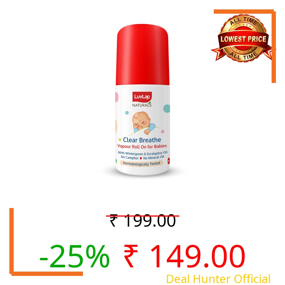LuvLap Naturals Clear Breathe Vapour Roll On for Cough, Cold, Nose Block & Chest Congestion, with Eucalyptus Oil, No Camphor & Mineral Oil, 40ml, Dermatologically Tested