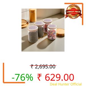 The Better Home Borosilicate Kitchen Jars & Containers Set with Lid (4Pcs - 600ml Each) | Airtight Bamboo Lid | glass Jar set For Kitchen Storage Box | Jars For Cookies, Snack, Spices,(Blue)