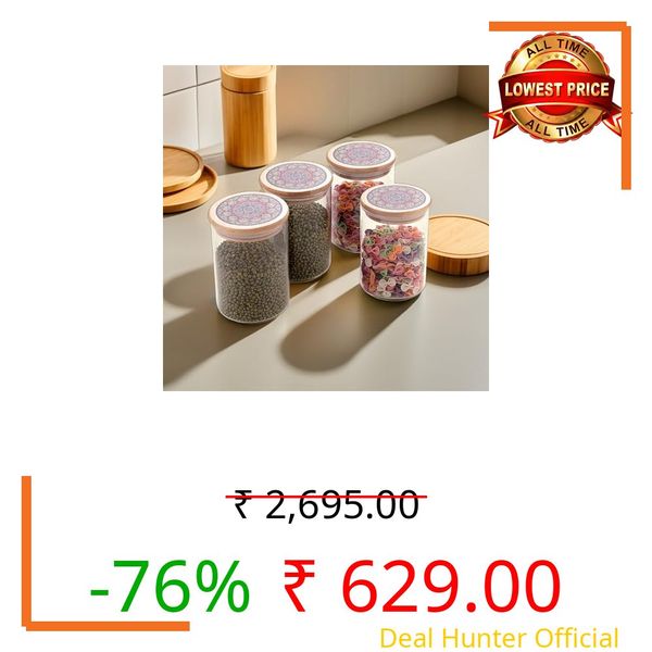 The Better Home Borosilicate Kitchen Jars & Containers Set with Lid (4Pcs - 600ml Each) | Airtight Bamboo Lid | glass Jar set For Kitchen Storage Box | Jars For Cookies, Snack, Spices,(Blue)