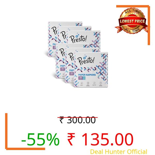 Amazon Brand - Presto! 1 Ply Tissue Paper Napkin | 600 Pulls | 100 Pulls X 6 Packs | 100% Natural Virgin Cellulose Fiber