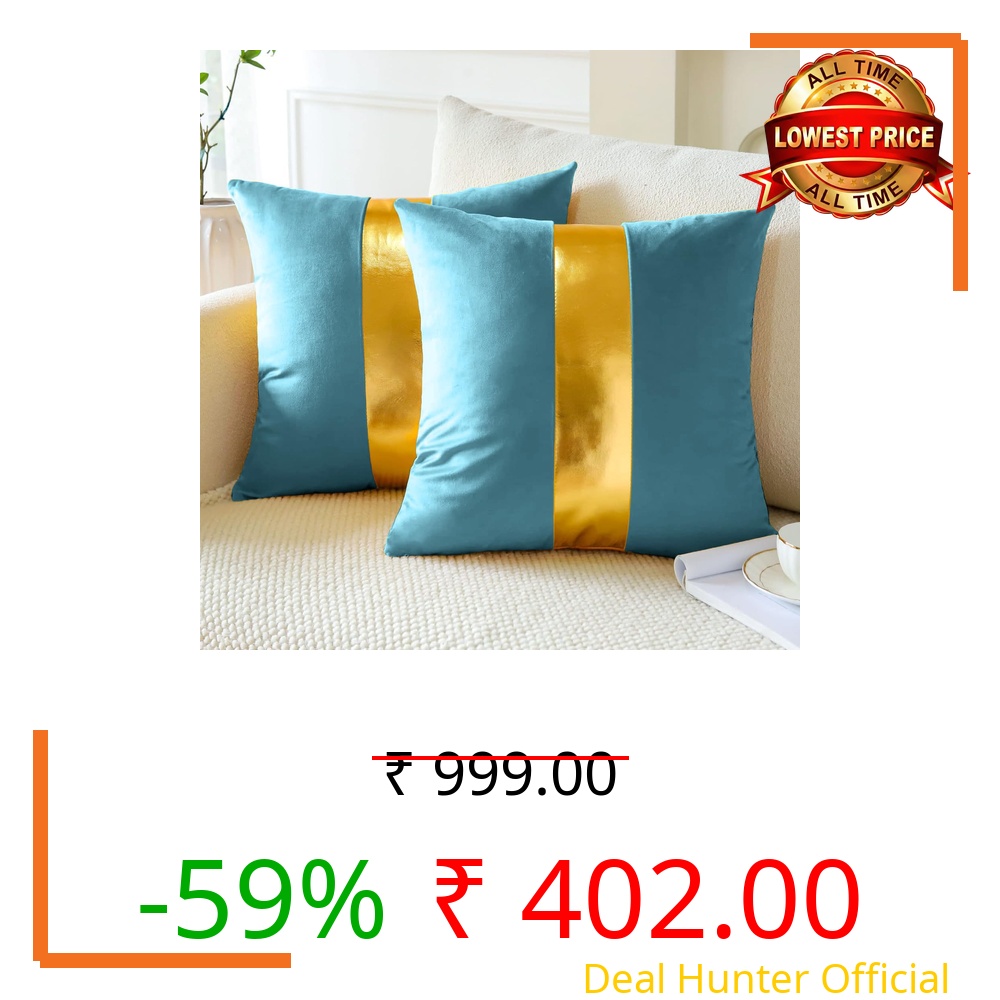 AEROHAVEN™ Set of 2 Premium Velvet with Gold Stripes Decorative Throw Pillow/Cushion Covers with Invisible Zipper - (16 x 16 Inch, Aqua)