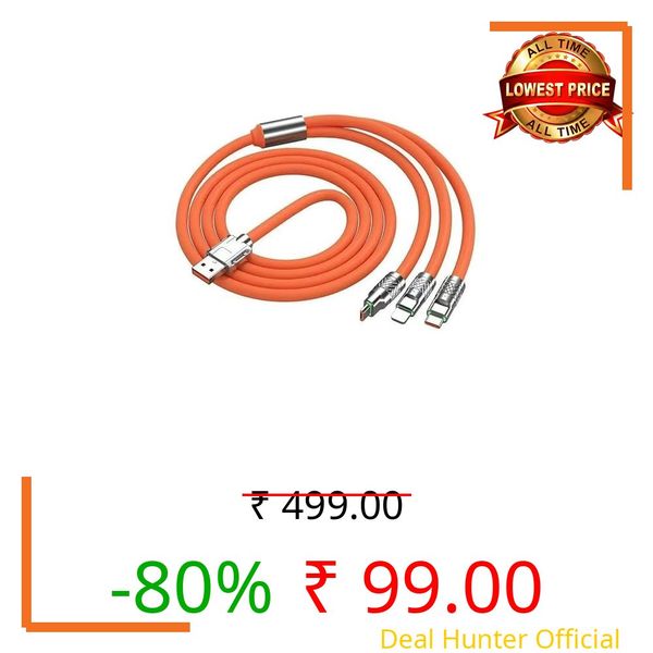 SPITEN 3 in 1 Fast Charging Data Cable, Portable Charger Cord with USB Type-C and USB Port for All Phones, Charger Type c Retractable USB Charging Cable for Home -120W (3 in 1 Cable-Orange)