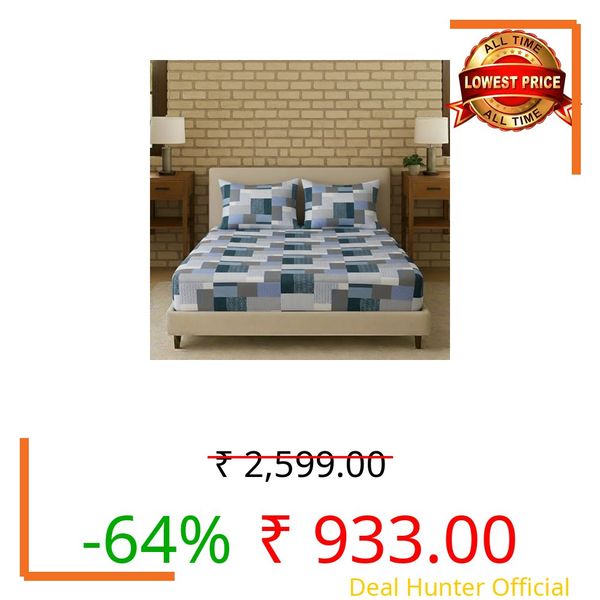 Trance Home Linen Cotton 144Tc Elastic Fitted Bedsheet | Super King Bed Size Printed Fitted Sheet | Elasticated Fitted Bedspread with 2 Pillow Covers (84X78 Inch, Abstract Green)