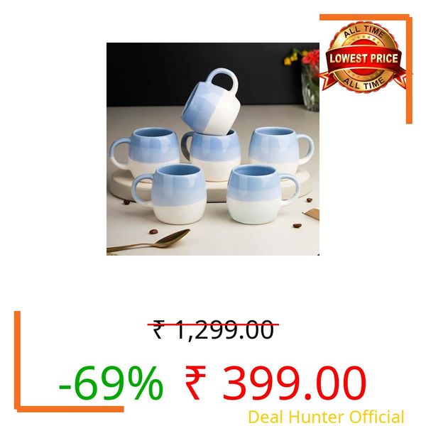 The Earth Store Tritone Sky Blue Ovule Shape Cup Set of 6 for Tea Microwave and Dishwasher Safe, Perfect for Every Occasion Capacity - 190 Ml Each - Ceramic