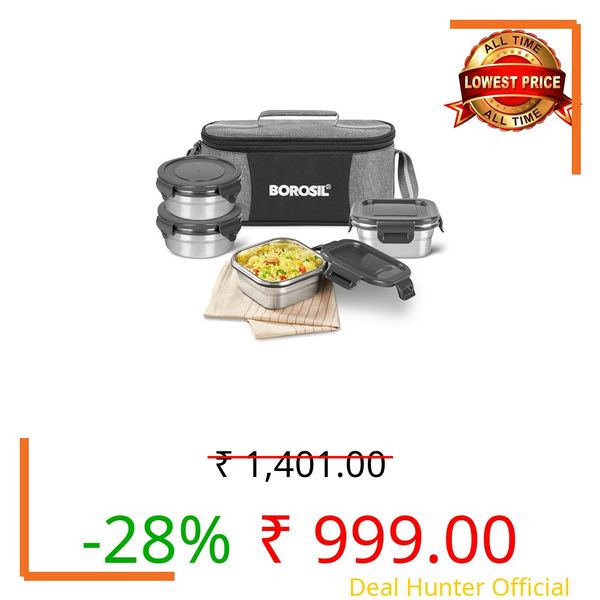 Borosil Feast Stainless Steel Lunch Box with Bag | Set of 4 (400 ml x 2 Square + 400 ml x 2 Round) | Tiffin Box for Office, School & College