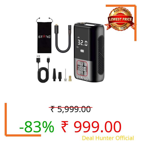 STARQ Inflate Pro Portable 2in1 Tyre Inflator/Air Compressor with Digital Display|4000mAh Battery|for Cars, Motorcycles, Bicycles, Football| Upto 150 Psi| Flash Light|(Inflate Pro)
