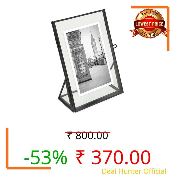 A N BRASS WORLD Decorative Metal & Glass Tabletop Flower Plant Display Oblong Photo Frame with 2 Sides Glass (Black, Size - 4x6 inch)