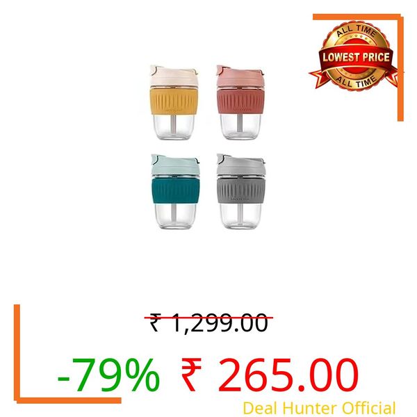 KHOLAD Reusable Glass Coffee & Juice Mug Shaker with Lid & Straw Pack of 1, Thick Glass Tumbler 350ml, Anti-Slip Silicone Band, Leak-Proof Travel Cup Sipper Bottle for Hot & Cold Drinks (Small Shake)