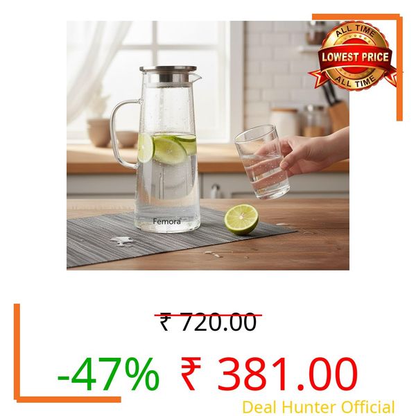 Femora Borosilicate Glass Jug with Stainless Steel Lid | 1.7 LTR | Glass Jug with Lid, Glass Water Jug, Pitcher for Serve Juice, Beverage, Cocktail (1 Pcs Set | BPA Free), 1500 milliliters
