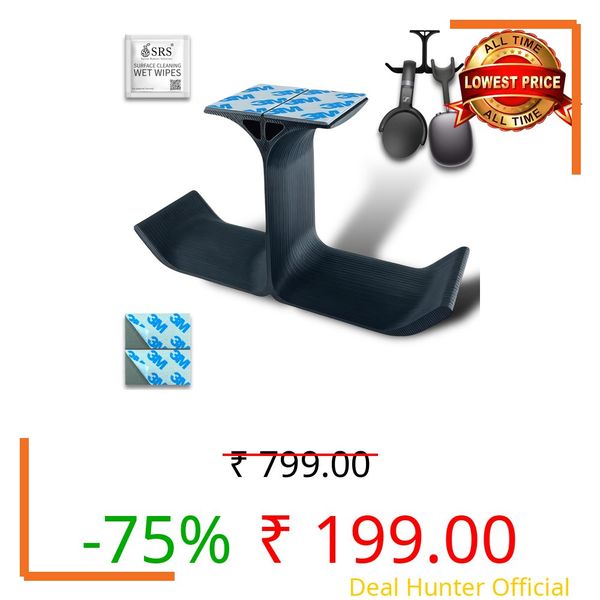 SRS® Dual Headphone Stand Holder Under Desk Hook Hanger with Cable Organizer Storage Options for All Professional | Corporate | Gaming Headsets & PC Accessories Stick-ON Adhesive (Pack of 1, Black)