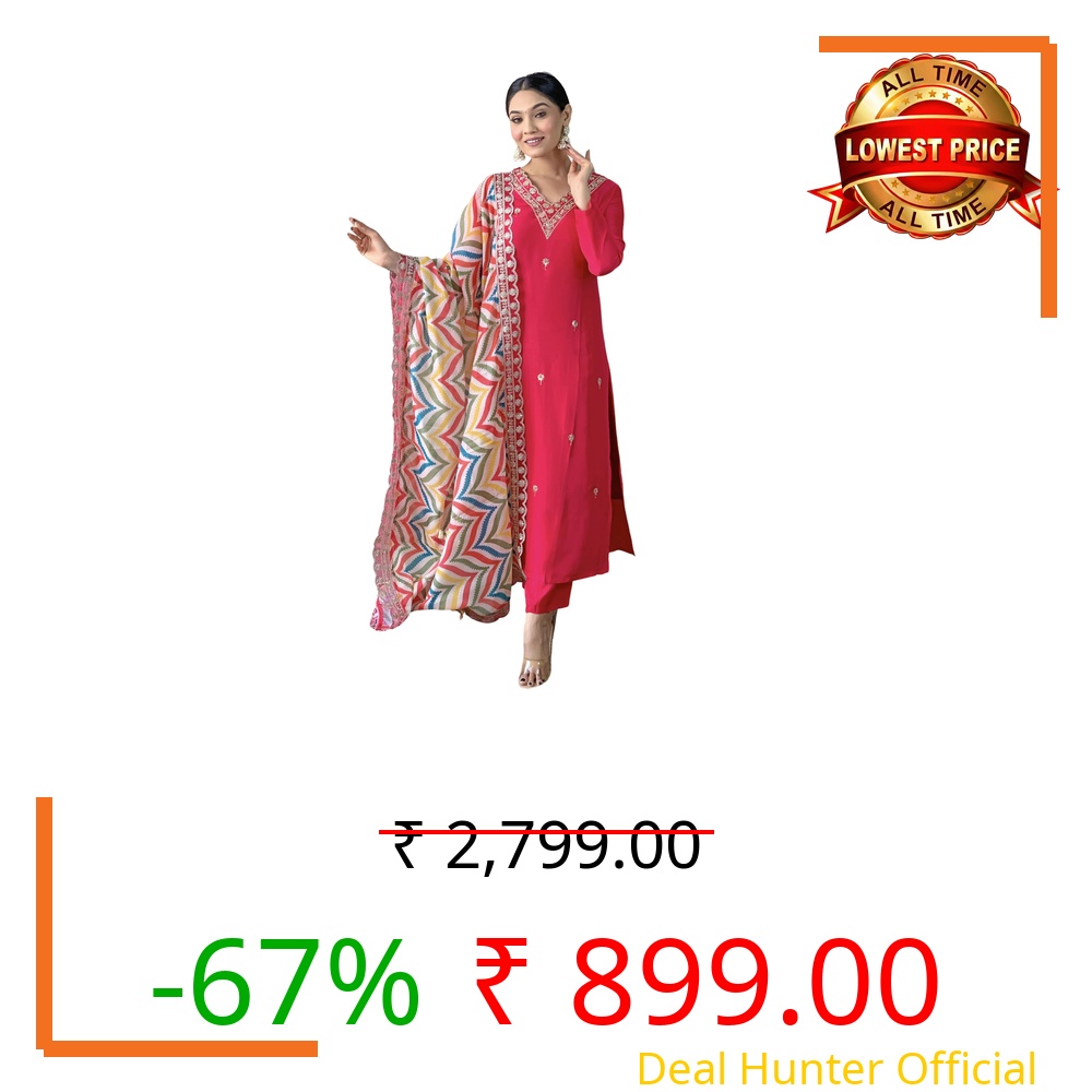 Naixa Women's Gajri Viscose Embroidered Straight Kurta with Viscose Pant and Silk Blend Printed Dupatta Sets (NX-467-Gajri-XS)