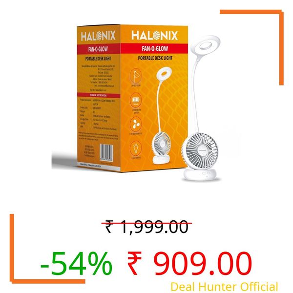 Halonix Polycarbonate Fan-O-Glow Portable Led Desk Light | Study Lamp with Fan | 3 Light Modes | 3 Speed Fan Modes | Rechargeable Study Lamp | Emergency Light |, White