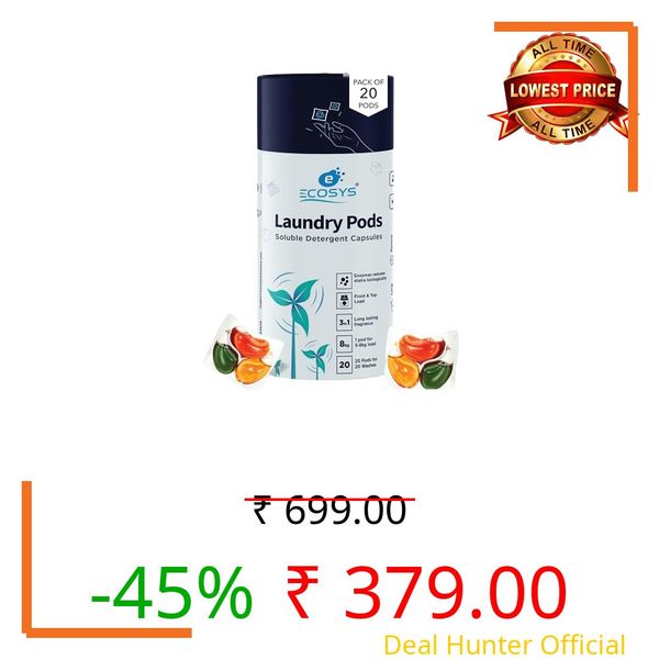 Ecosys 3-in-1 Dissolvable Magic Laundry Pods for 20 washes:Bioenzymes Infused,Tough Stain Fighter for Top & Front Load with Floral Aroma,1 Pod = 1 Wash for 5-7kg