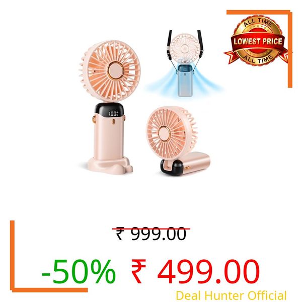 Aucoofany Portable Handheld Fan, 12 hours, Upgrade 3200mAh Portable Fan with LED Display, 90° Foldable, 5 Speed Wind,Hand Held/Neck/Desk 3 in 1 Personal Small Fans, Makeup Fans for Women (Pink)