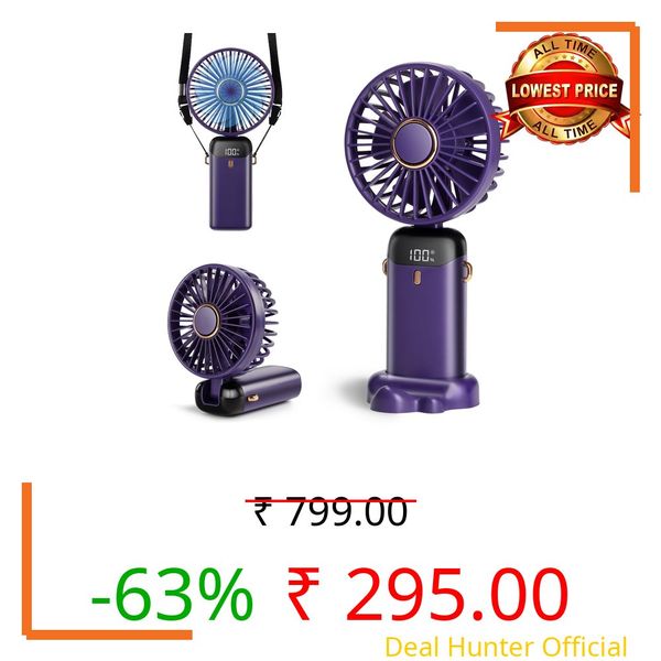 Aucoofany Portable Handheld Fan, 12 hours, Upgrade 3200mAh Portable Fan with LED Display, 90° Foldable, 5 Speed Wind,Hand Held/Neck/Desk 3 in 1 Personal Small Fans, Makeup Fans for Women (Purple)