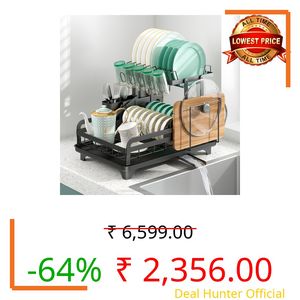 Hello Home Stainless Steel Dish Drying Rack Large, 2 Tier Kitchen Drainer Rack, 360 Flexible Draining Board for Counter - Sink with Drip Tray, Utensil Holder.