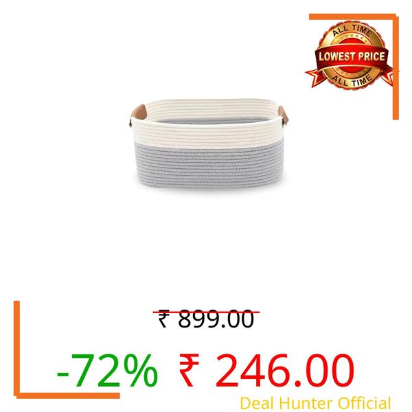 Juteify Jute Cotton Storage Gift Basket, Rectangle case for Closet, Packing, Wedding Organizer Box Jute Basket Handwoven Eco-Friendly Basket Bins Organizer (12 X 8 X 5 INCH) (Grey And White)