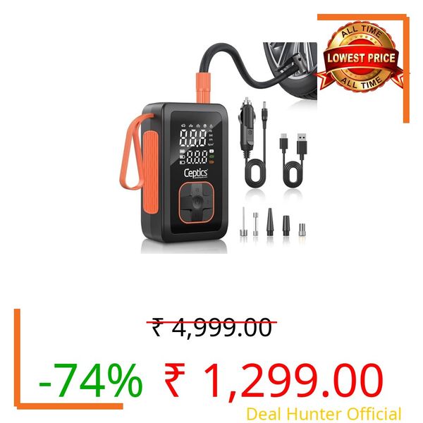 Ceptics Tyre Inflator for Car and Bike, Car Compressor Air Pump, 3600 mAh Battery, 2X Faster Inflation, Dual Mode (Battery & 12V Socket), 150PSI Air Compressor for Cars, Bikes, Motorcycles, Balls