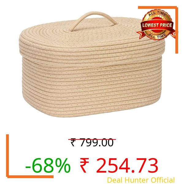 Bunaii Jute Cotton Rope Handmade Storage Organiser Box With Handle Opener For Living Room, Bathroom And For Multipurpose Uses (Pack Of 1) Beige (14 X 10 X 6) Cm, Rectangular
