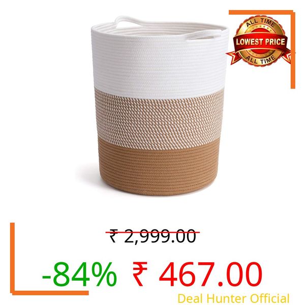 RUGSZONE® Wicker Laundry Hamper Tall Laundry Basket for Blankets, Clothes, Toys, Woven Storage Basket for Living Room, Wicker Basket for Gifts, 17.8" x 15.8" x 13.8" (WHITE & JUTE)