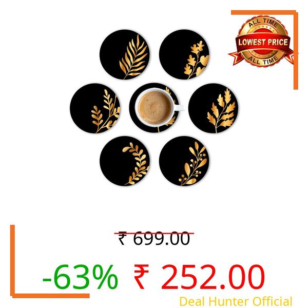 Brizberry® Premium Round Black Leaf Beautiful Wooden Coasters, Diwali Gift, Fit for Tea Cups, Coffee Mugs and Glasses 4 8 12 (3.5X3.5 Inch) (Design 12 (Set of 6))