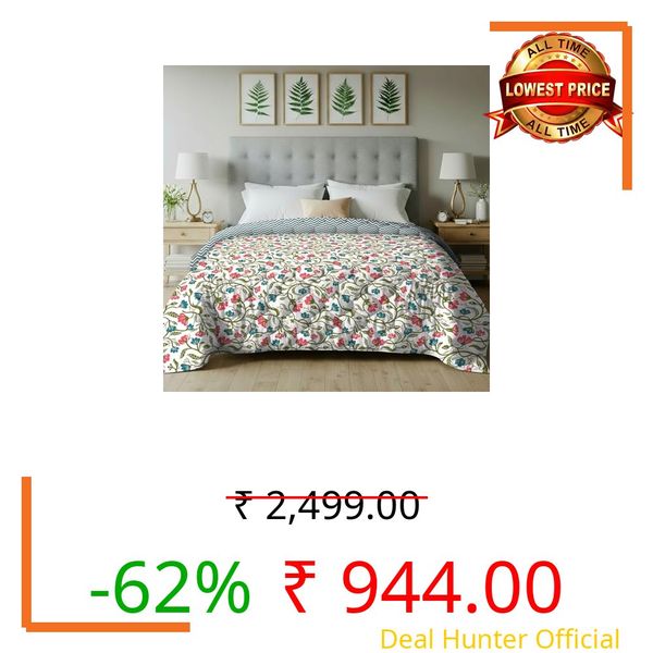 Urban Space AC Blanket For Single Bed, 120 GSM Microfiber 3 Layered Quilted Dohar, Soft Lightweight Reversible Printed AC Blanket Single Bed for All Season (Kashmir Pink & Blue- 145cm x 225cm, Single)