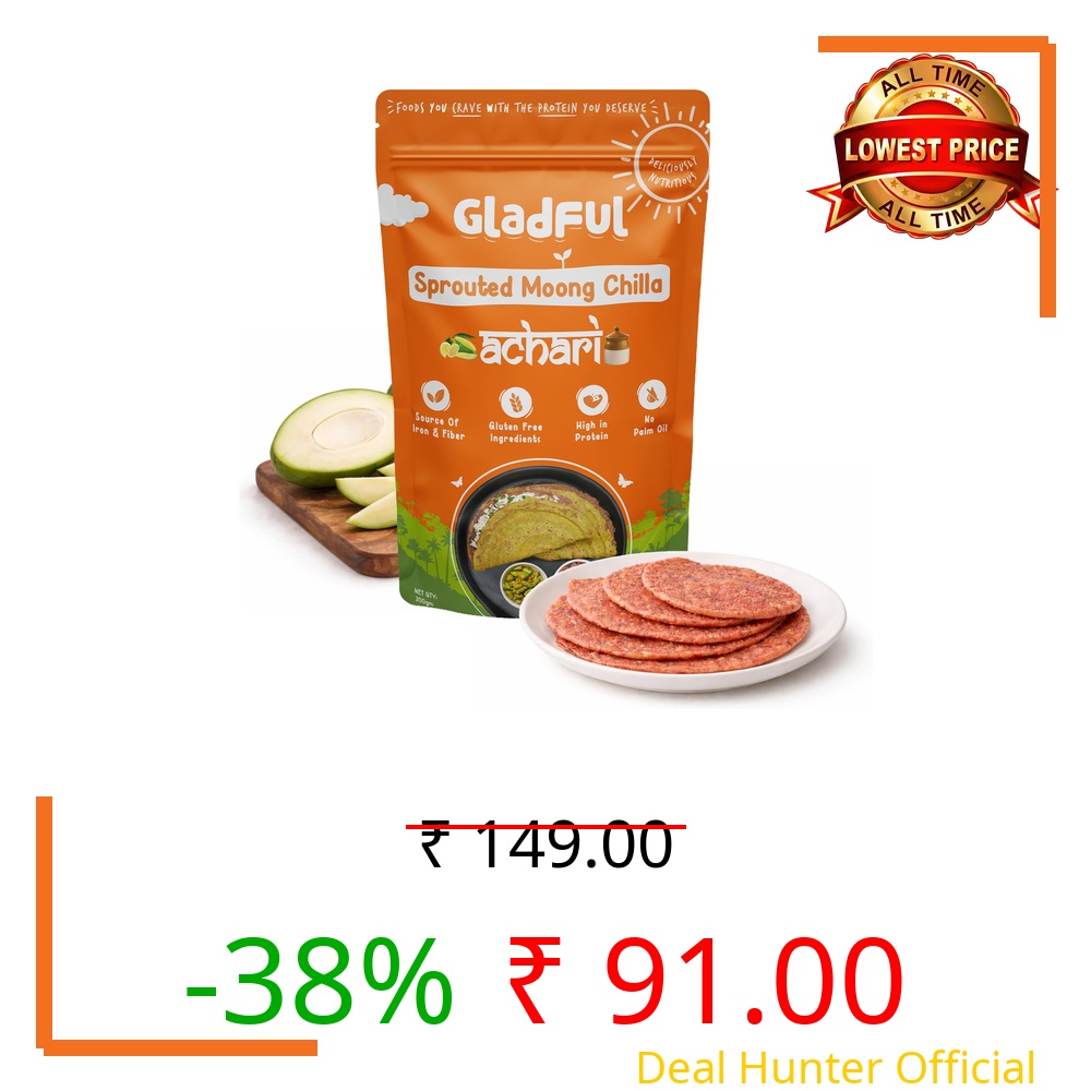 Gladful Achari Chilla Mix - Low GI, Diabetes-Friendly & Gluten-Free - No Maida, Palm Oil & Trans-Fat - Vegan & High-Protein Chilla/Dosa Mix - Anytime Snack for Kids & Family - Pack of 1 (200g)