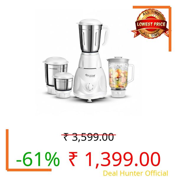 Skystar Diamond Pro 750 Watt Heavy Duty Juicer Mixer Grinder With 4 Stainless Steel Jars For Mixing, Grinding & Juicing With Powerful Motor Mixie for Kitchen (White & Blue) 2 Years Warranty