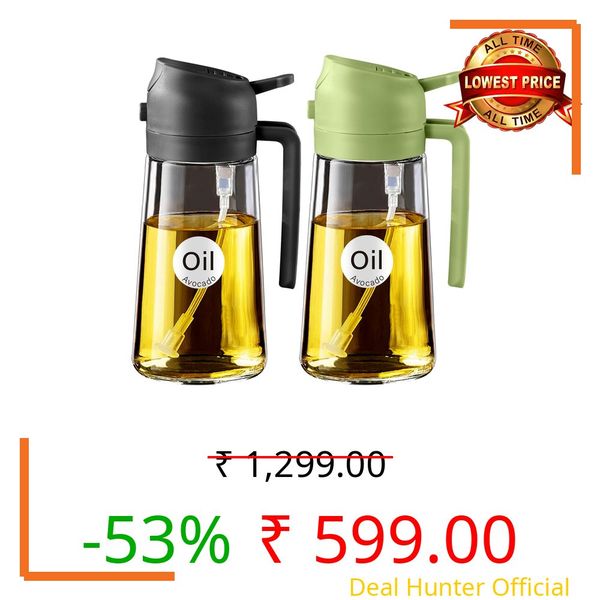 YARRAMATE Olive Oil Dispenser, 2 in 1 Oil Sprayer for Cooking, 16oz/470ml Glass Oil Spray Bottle with Pourer, Food-grade Oil Dispenser and Oil Sprayer for Kitchen, Salad, Frying, BBQ (Black & Green)