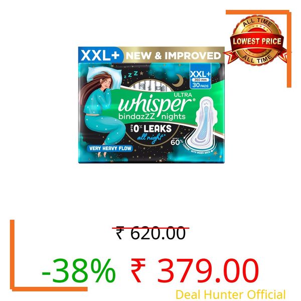 Whisper Bindazzz Nights 30 XXL+ Sanitary Pads, Upto 0% Leaks All Night Long, For Very Heavy Flow, Nearly 60% Longer with Wider Back, Active odor lock so you feel fresh, Disposable Wrapper