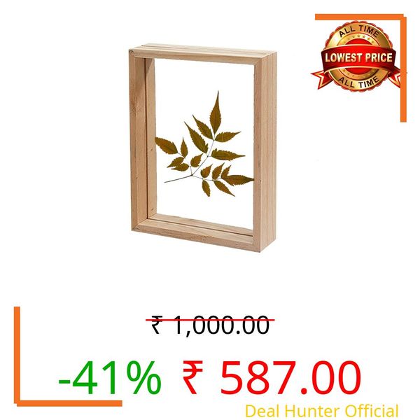 Desi Rang Wooden Rectangular Frame For Wall Decor Table Top Hanging Any Green Or Dry Plant Leaf Picture Photo DIY Gift Home Decoration (Natural,Rec,7.5X5.5Inch,With Dry Leaf)