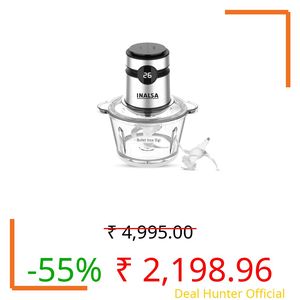 INALSA Electric Chopper For Kitchen With Digital Display|500 Watt Copper Motor|1.8 L Capacity Glass Bowl|Twin Blade Technology|2 Speed Settings|Onion,Vegetable Chopper,Meat Grinder (Bullet Inox Digi)