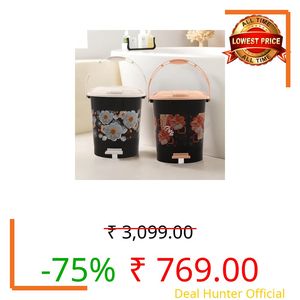 Kuber Industries Pack of 2 Pedal Dustbin, 10 Liter, Bathroom Bin With Lid, Garbage Bin With Handle for Kitchen, Wet & Dry Waste Bin, White & Cream Check Dhakan, Black