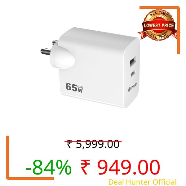 UNIGEN 65W GaN Dual Port Charger | USB-C PD & USB-A | Made in India | Compatible with iPad, MacBook Air/Pro, Chromebook, iPhone 16–12 Series, Samsung Galaxy & More – White