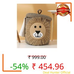 Jute Basket For Storage Cotton Rope Toys Basket With Lid Handwoven Natural Foldable Laundry Hamper for Home, Office, Living Room Size 10x10 inch (LION -BASKET)